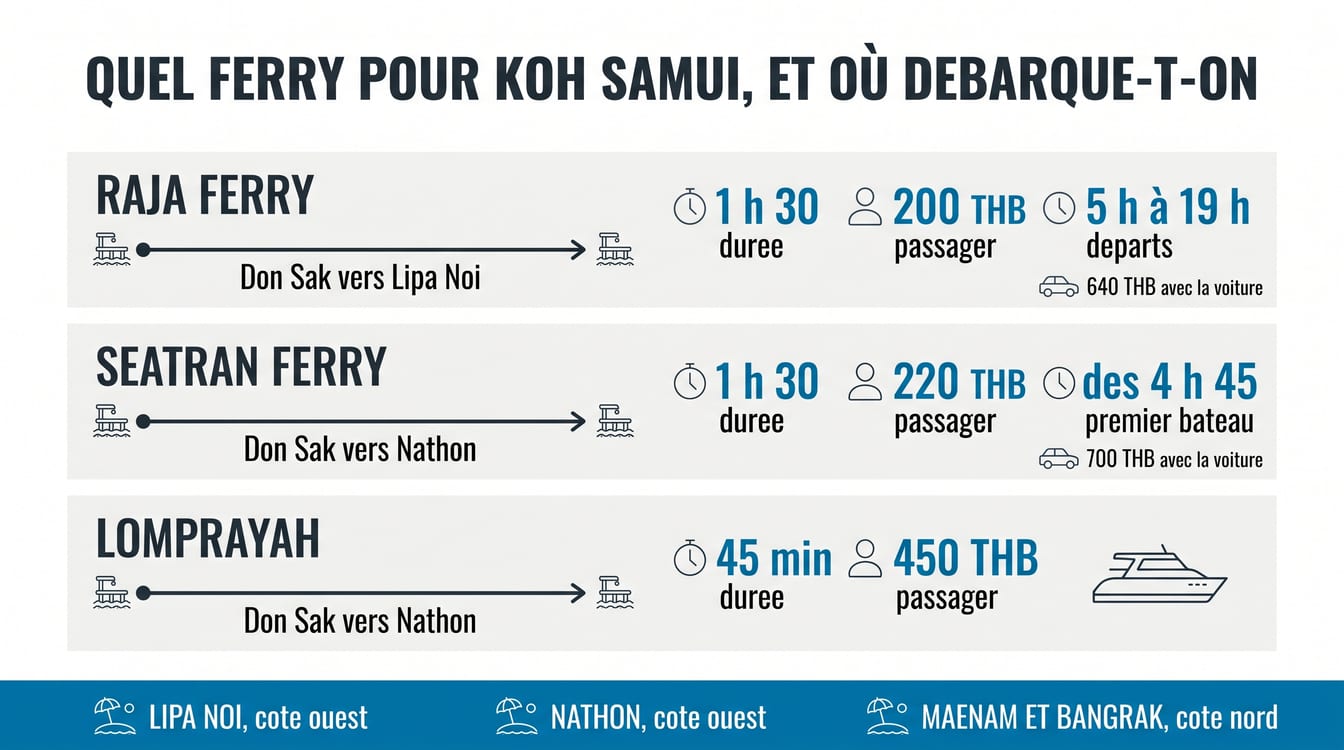 Ferries pour Koh Samui, opérateurs, jetées et tarifs comparés