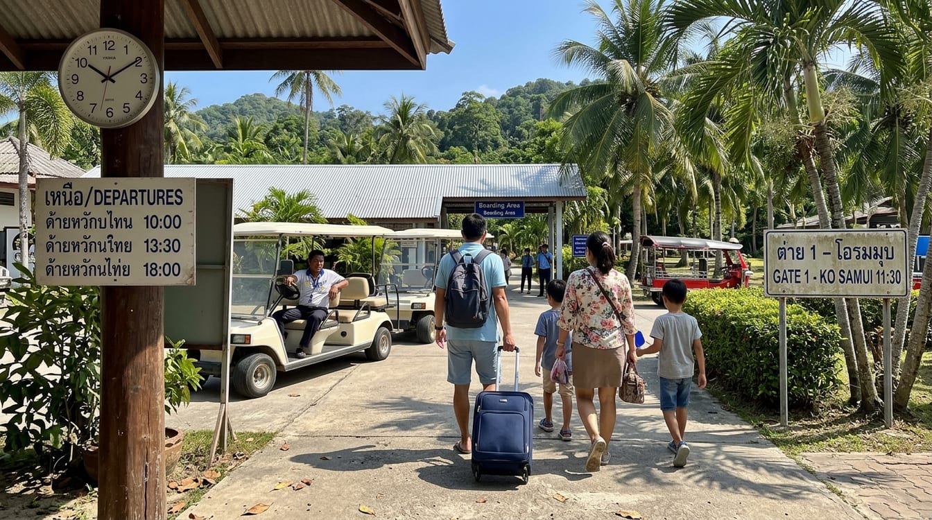 Quitter Koh Samui pour un vol à Bangkok, passagers embarquant au débarcadère de Nathon