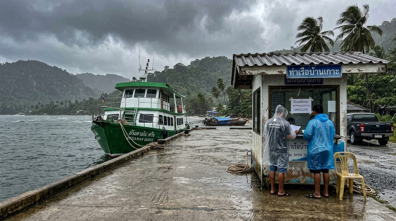 Ferries pour Koh Samui annulés, mer agitée devant la jetée de Don Sak