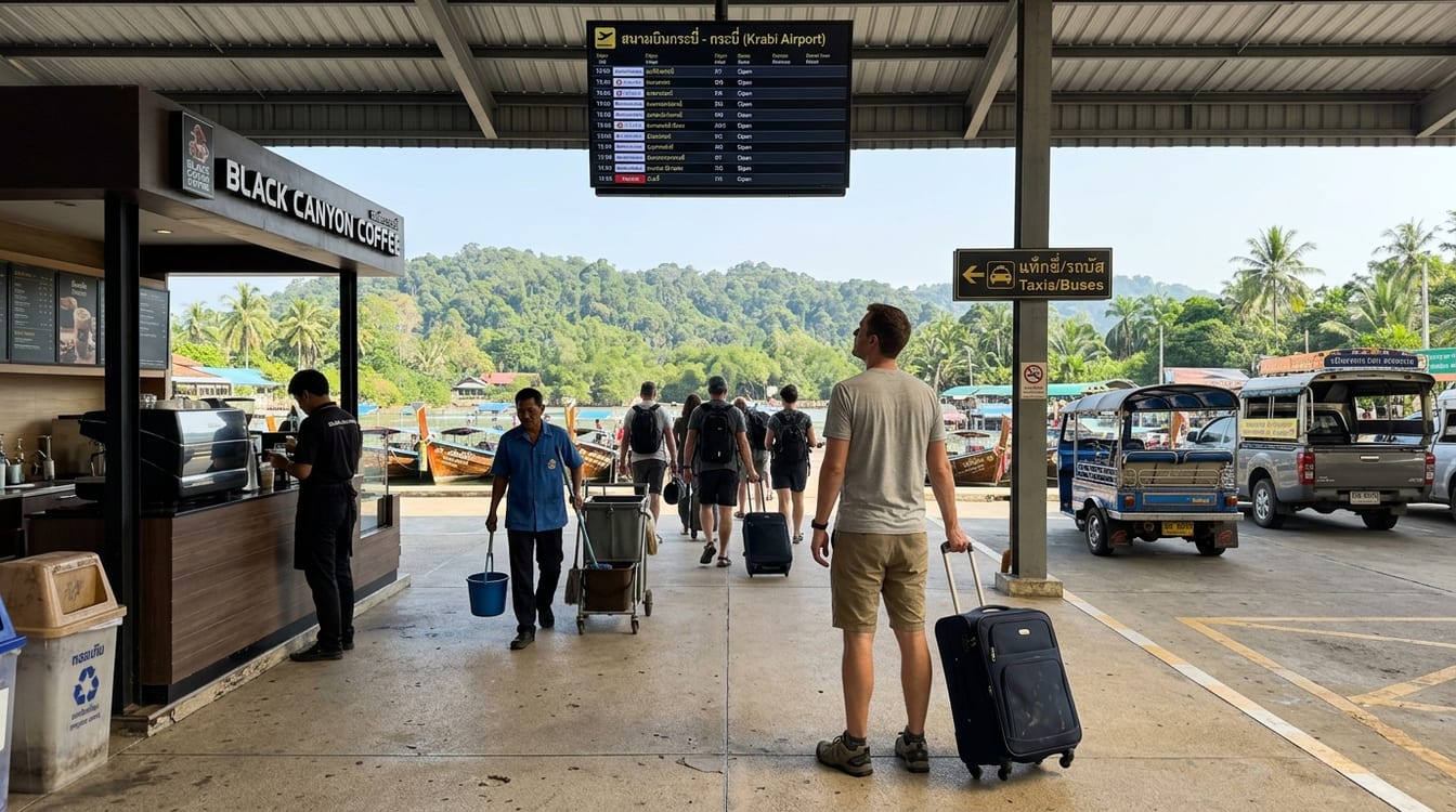 Aller de Bangkok à Koh Samui, voyageurs comparant les options au comptoir d'un terminal thaïlandais