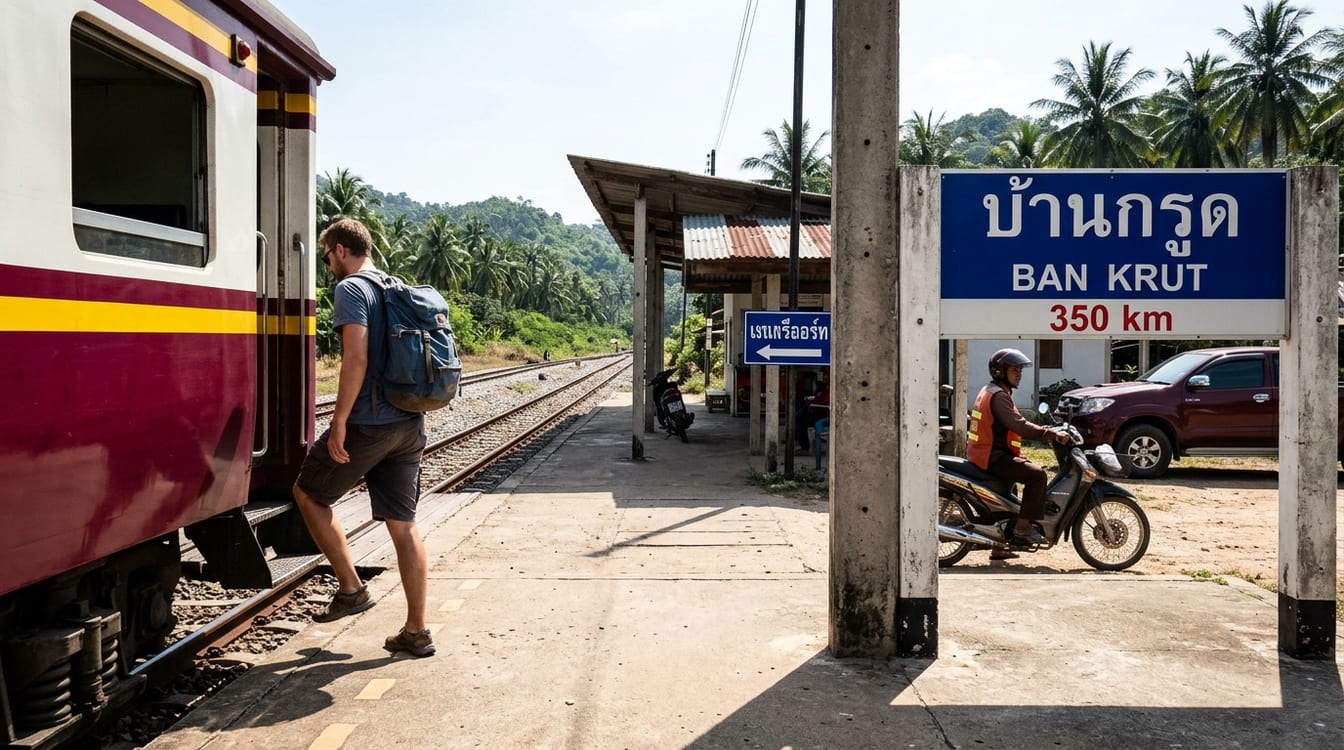 Gare de Ban Krut sur la ligne du Sud, quai et panneau d'affichage
