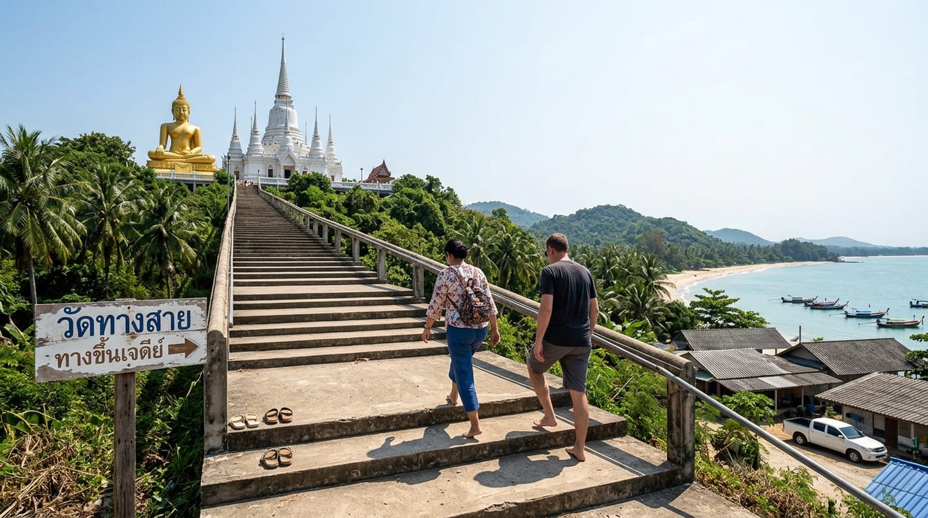 Escalier du Wat Thang Sai à Ban Krut, grand Bouddha doré et belle vue sur le golfe