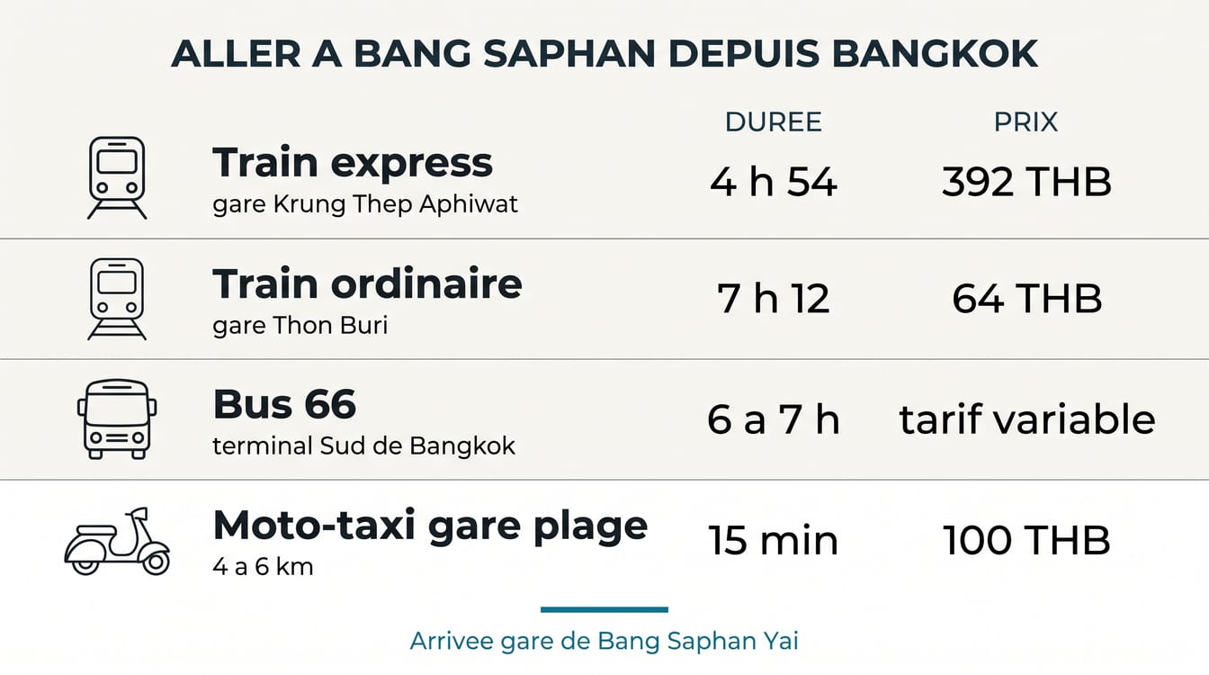 Durées et prix pour aller à Bang Saphan depuis Bangkok en train, bus ou avion