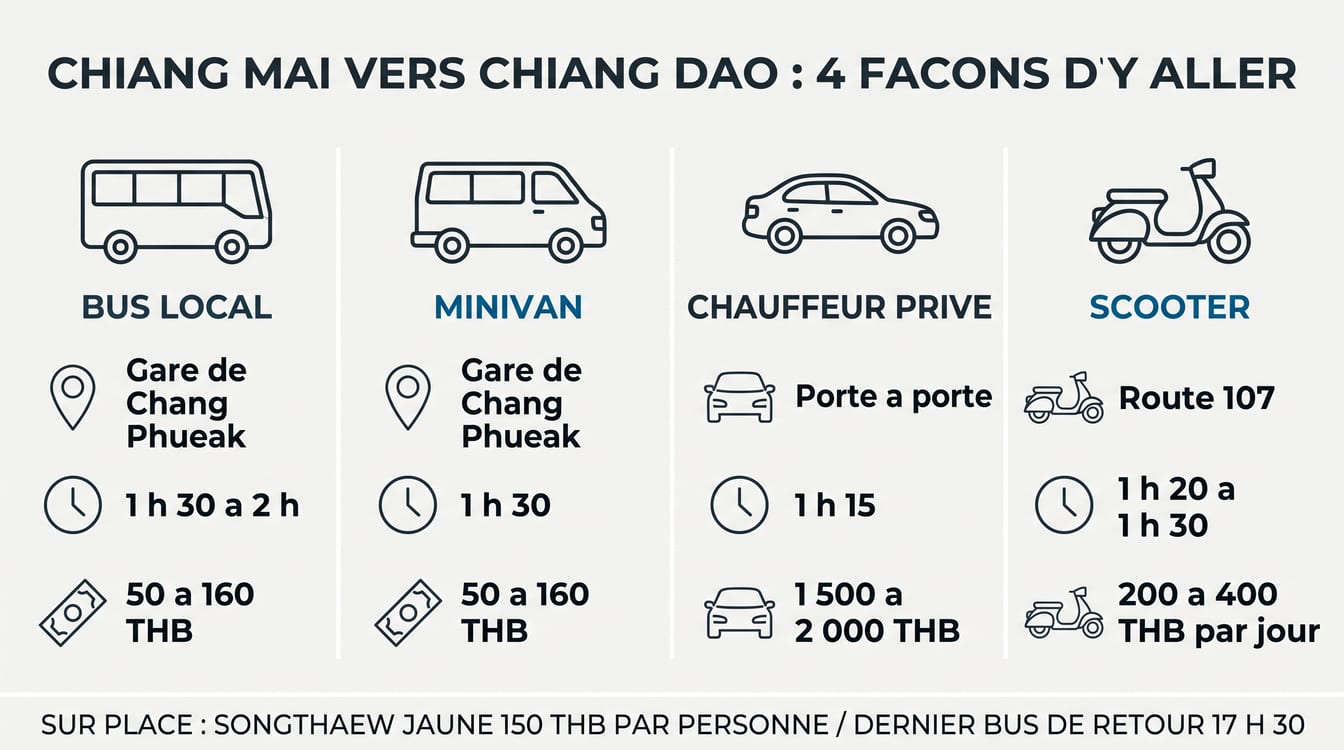 Comparatif des trajets de Chiang Mai à Chiang Dao, durées et tarifs