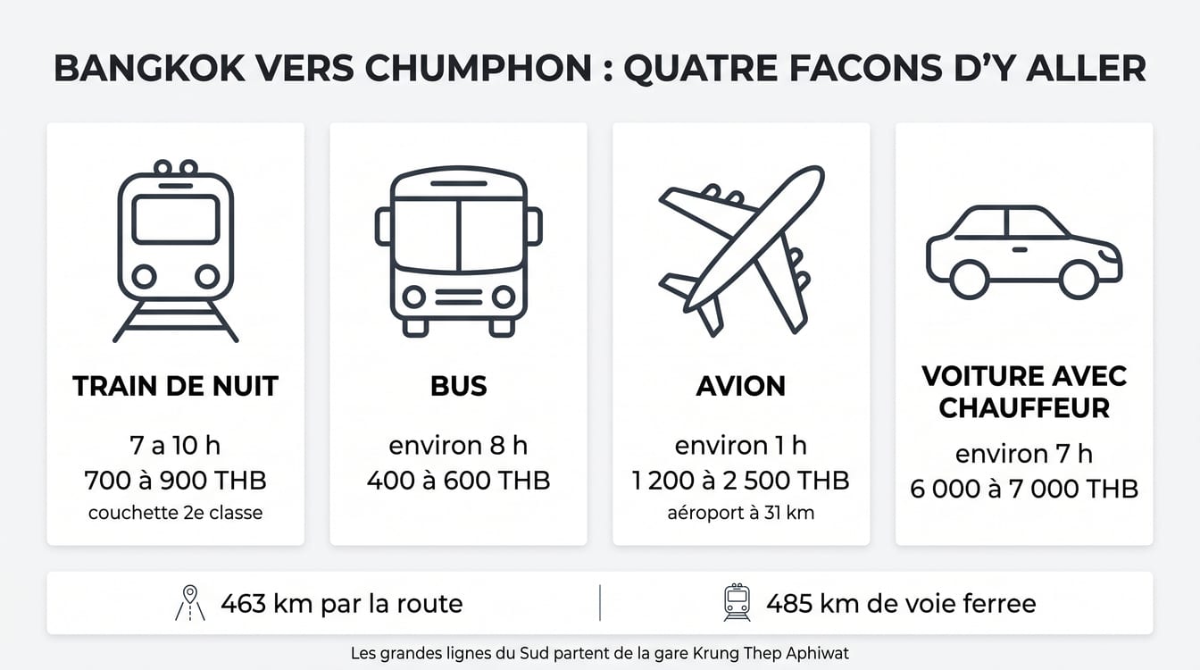Comparatif des quatre trajets de Bangkok vers Chumphon, prix et durée