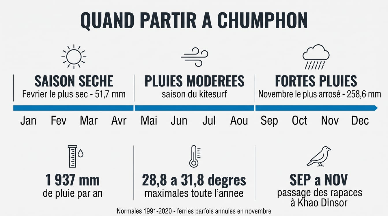 Pluie et périodes conseillées mois par mois à Chumphon