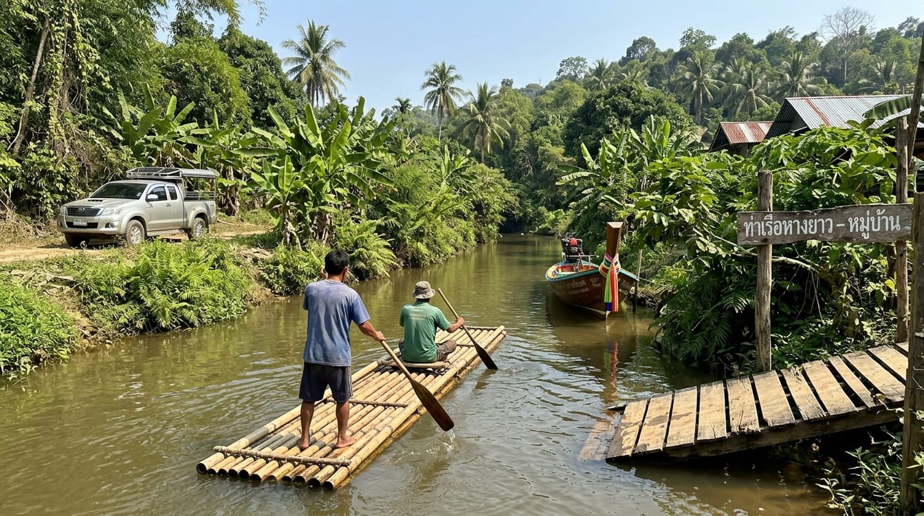 Chumphon côté terres, radeau de rafting sur la rivière de Phato entre les arbres