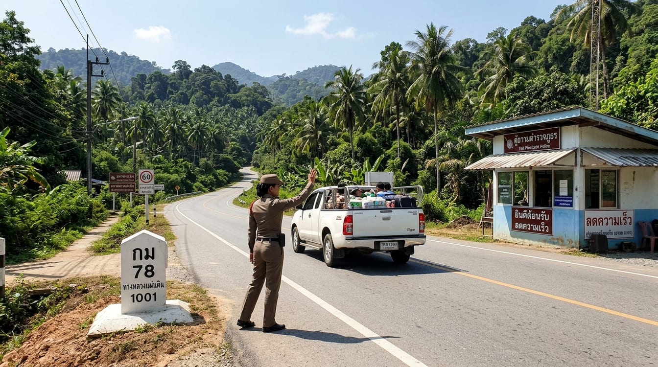 Route tranquille de la province de Chumphon vers l'intérieur, panneau de signalisation thaï