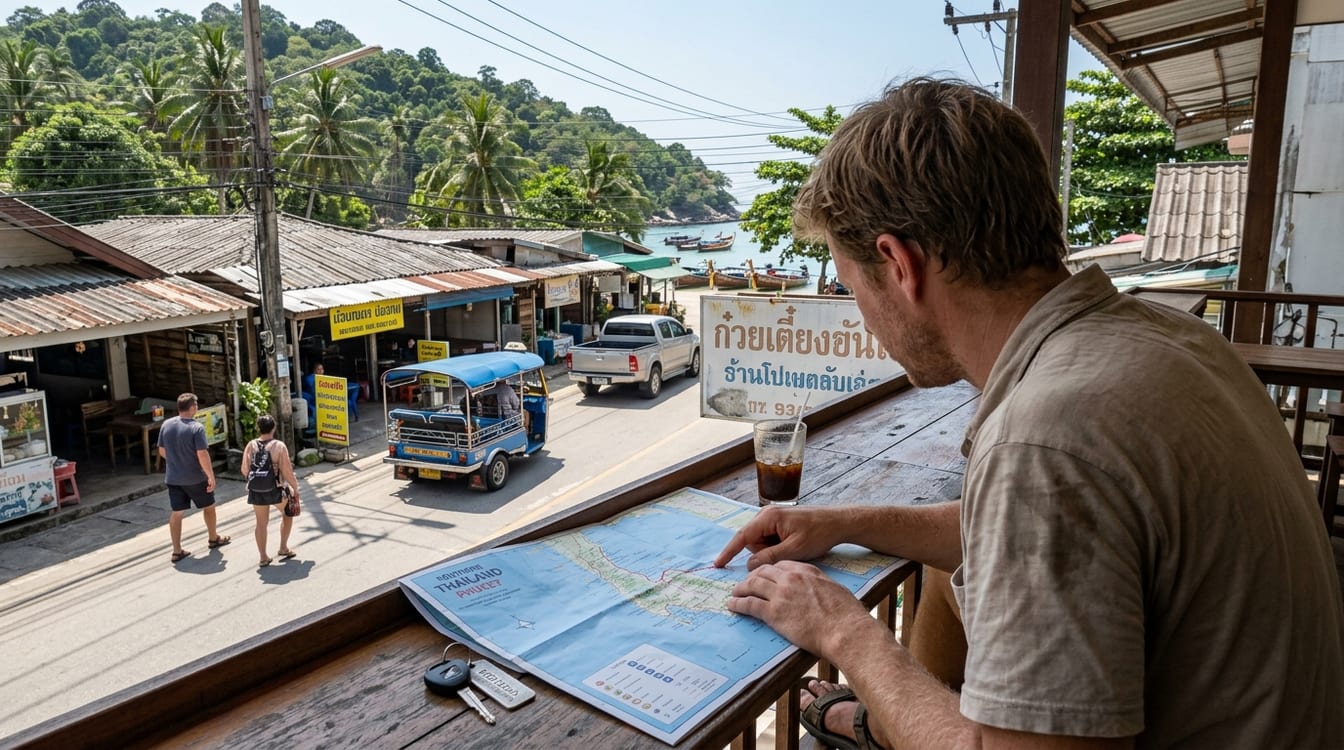 Combien de temps rester à Chumphon, voyageuse qui vérifie son billet de bateau sur le quai