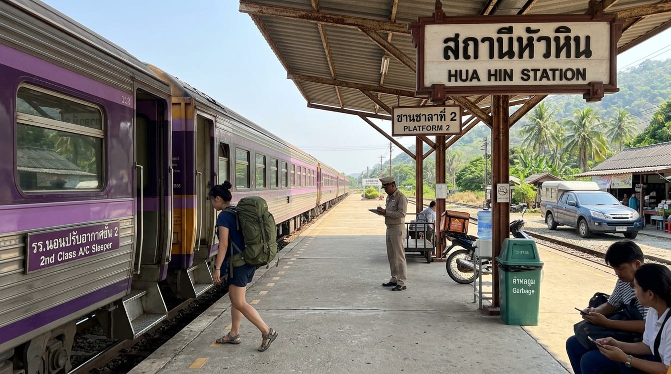 Train de nuit pour Chumphon à l'arrêt sur le quai, voyageur qui descend avec son sac