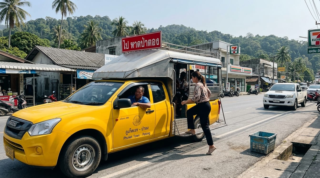 Se déplacer à Chumphon sans voiture, songthaew à l'arrêt devant un commerce de rue
