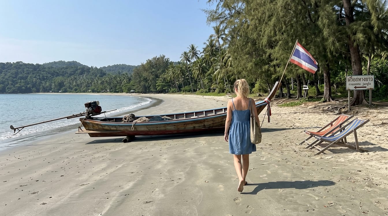 Plage de Thung Wua Laen à Chumphon, sable clair et cocotiers penchés sur l'eau