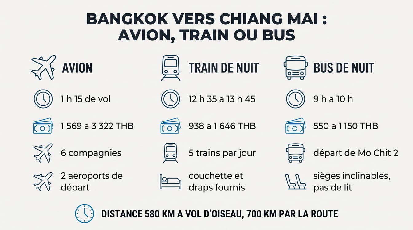 Comparatif des transports Bangkok Chiang Mai, durée et prix de porte à porte