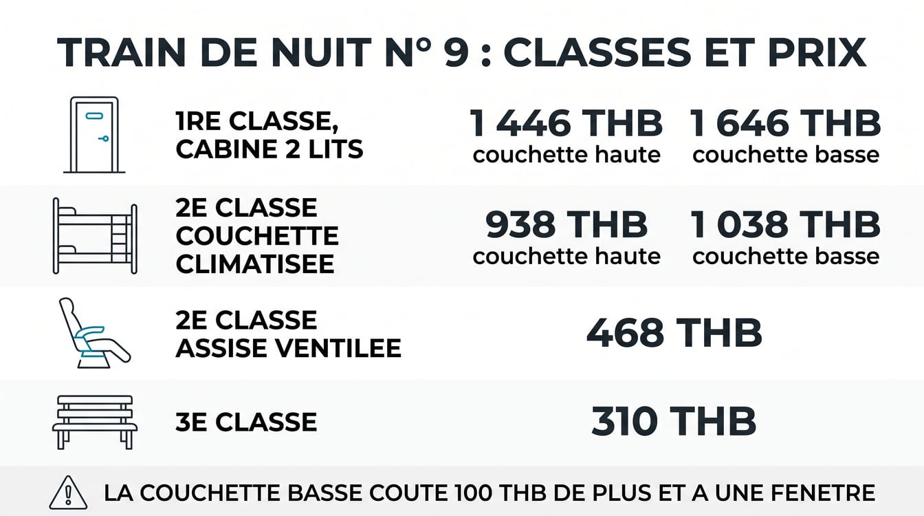 Classes du train de nuit Bangkok Chiang Mai comparées