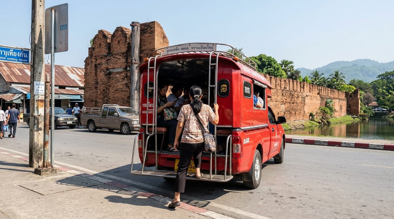 Songthaew rouge devant la gare, arrivée de Bangkok à Chiang Mai