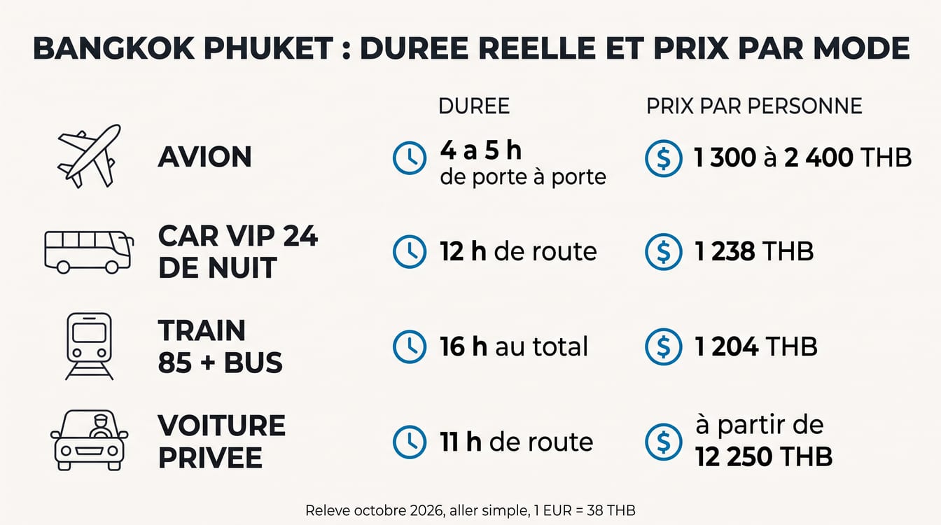 Les quatre trajets Bangkok Phuket comparés, durée et prix de chaque mode