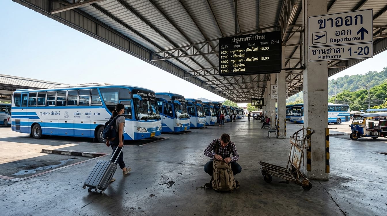 Comment aller de Bangkok à Phuket, voyageurs devant les panneaux de départ d'un terminal thaïlandais