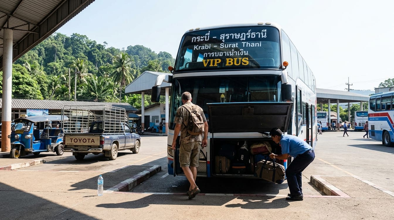Bangkok Phuket en bus VIP de nuit, car à l'arrêt sous la halle de la gare routière du Sud
