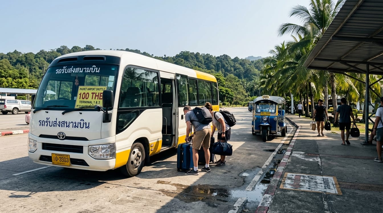 Arrivée à Phuket après le trajet depuis Bangkok, smart bus à l'arrêt devant le terminal