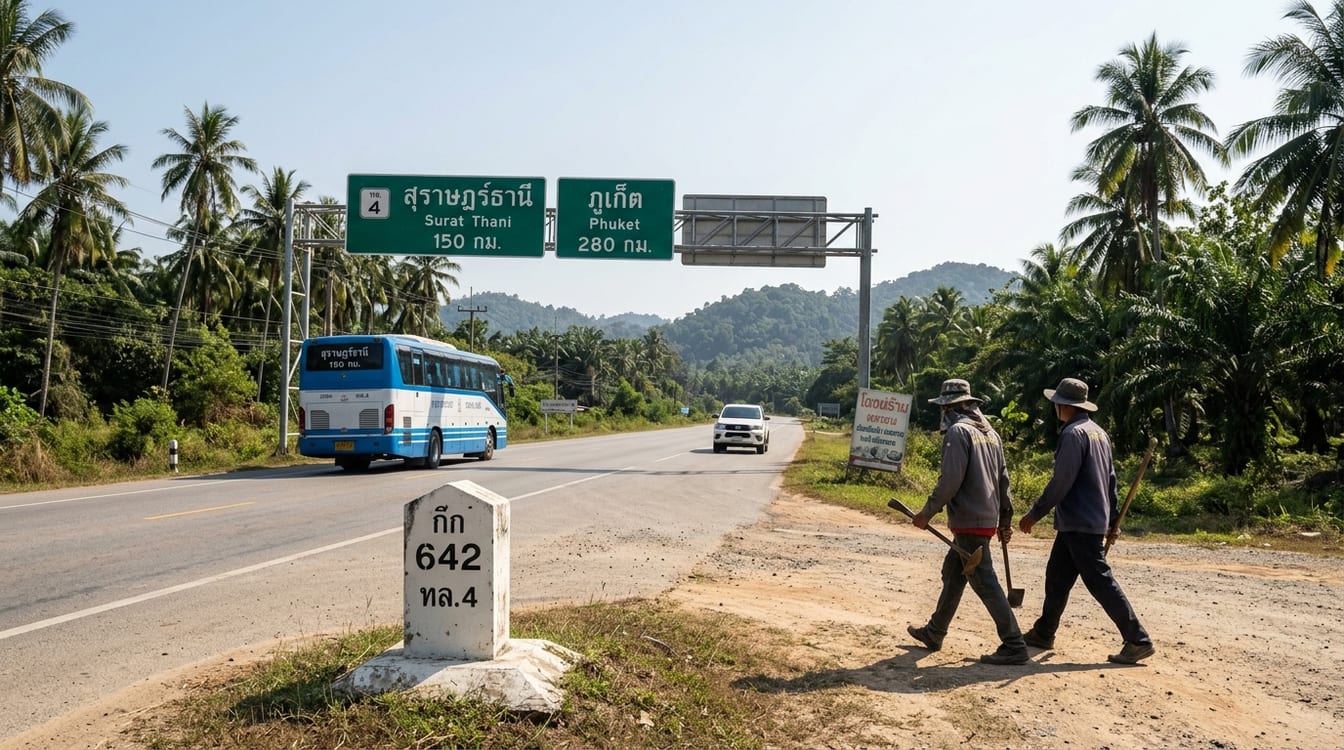 Distance Bangkok Phuket, route nationale thaïlandaise bordée de palmiers vers le sud