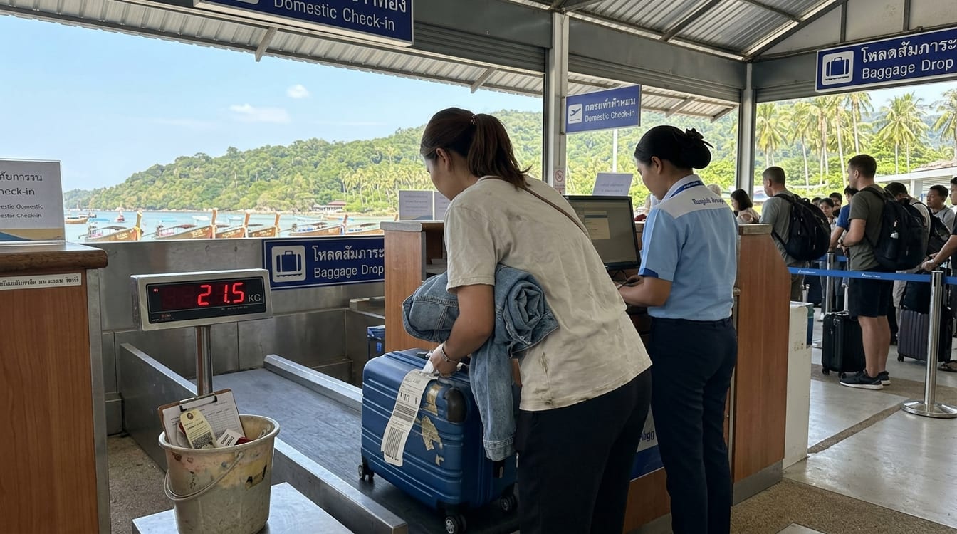 Vol Bangkok Phuket avec bagage en soute, valise pesée au comptoir d'une compagnie thaïlandaise