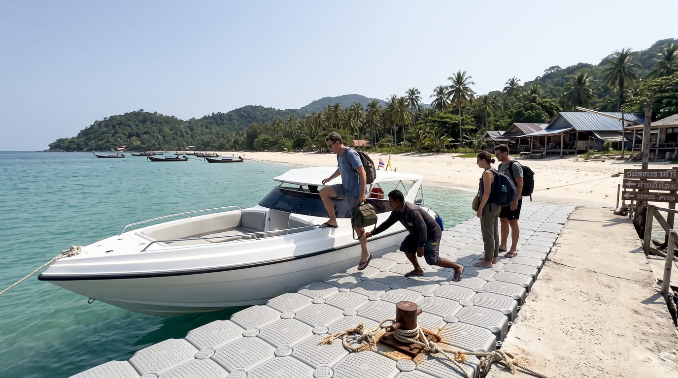 Speedboat accosté au ponton flottant de Koh Lipe, passager débarquant avec son sac