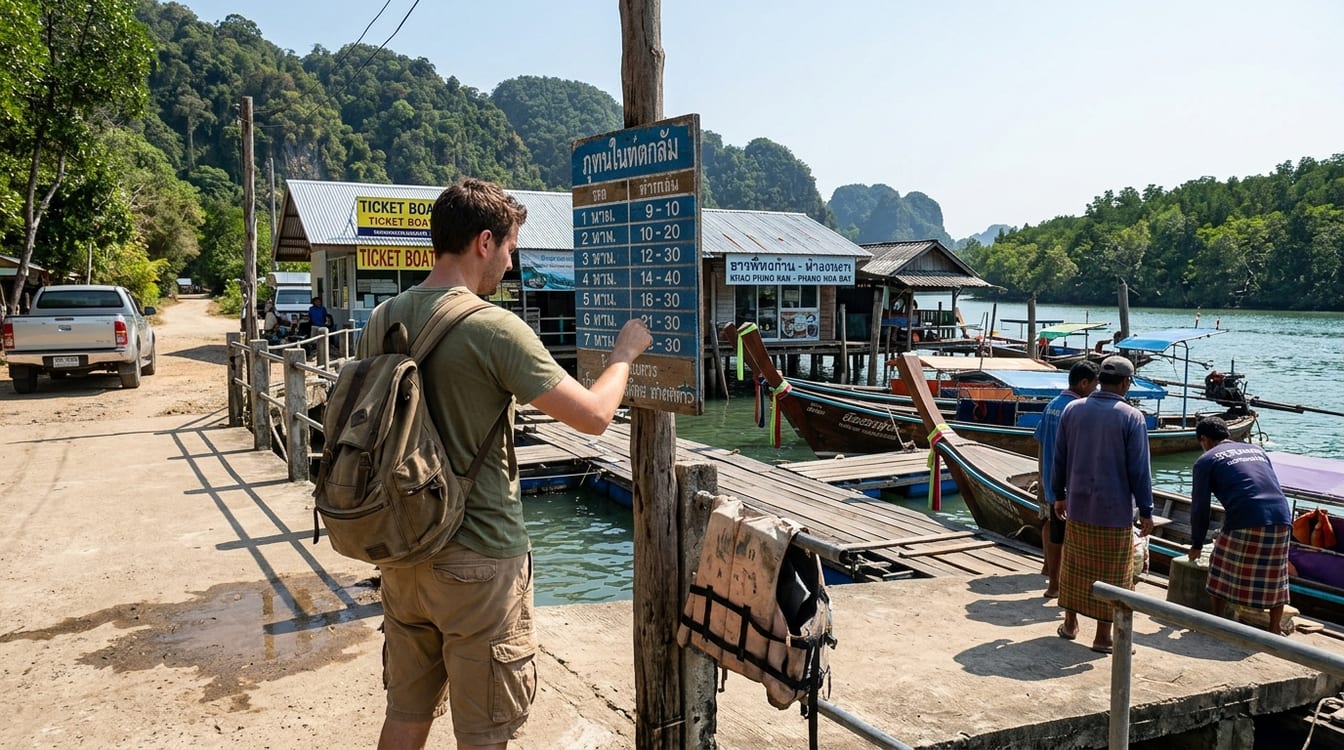Comment aller à Koh Lipe, voyageur devant un tableau d'horaires de bateaux sur un ponton de béton