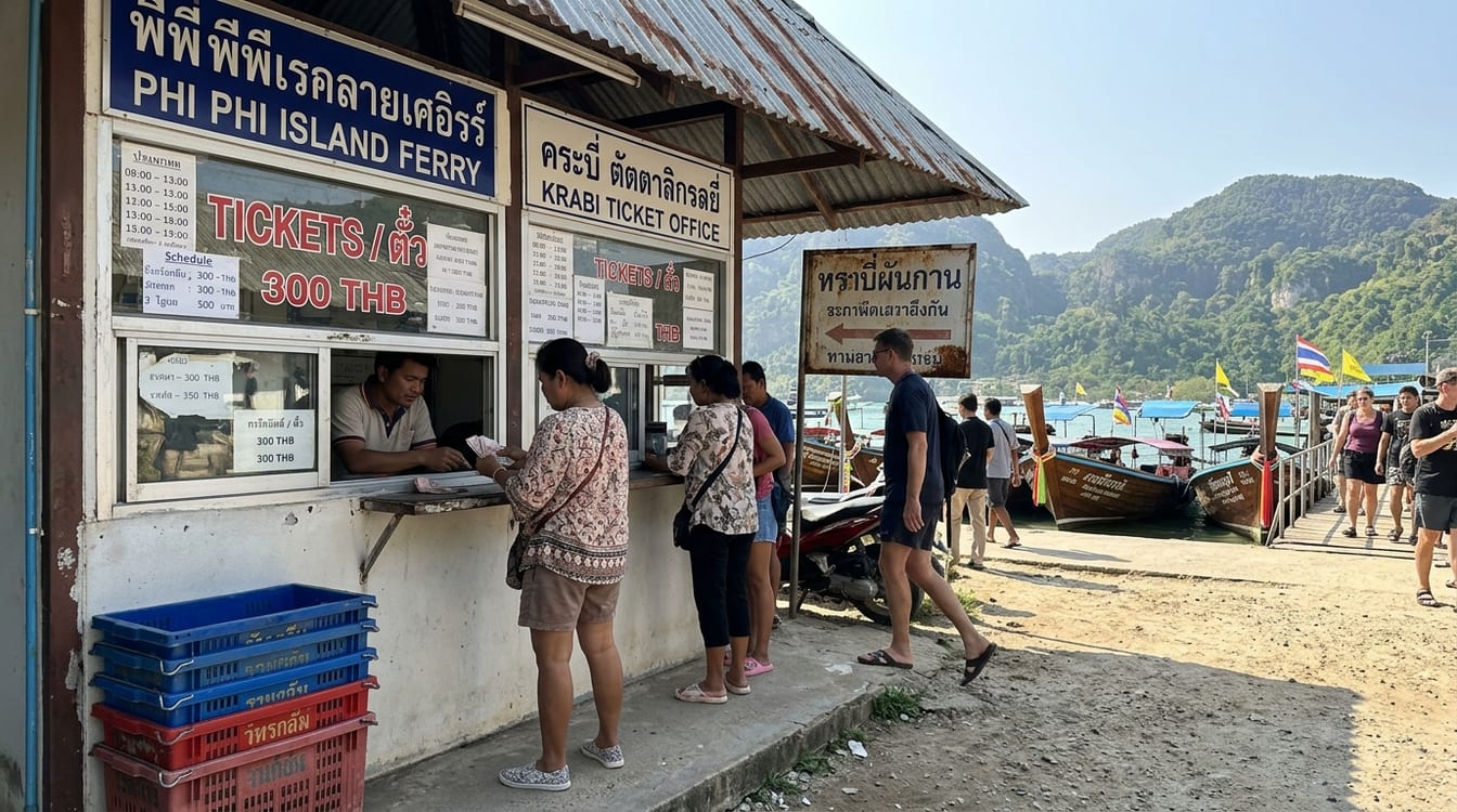 Guichets de compagnies de ferry pour aller à Koh Lipe, tarifs affichés sur les vitres