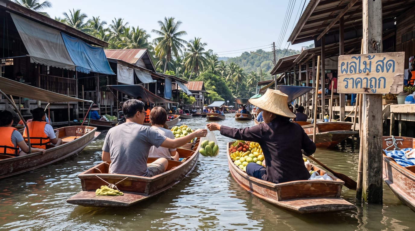 Barques de vendeuses sur le canal du marché flottant de Damnoen Saduak