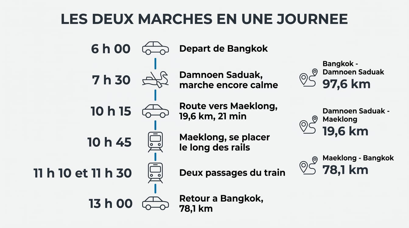 Damnoen Saduak et Maeklong en une journée, étapes depuis Bangkok et distances entre les deux marchés
