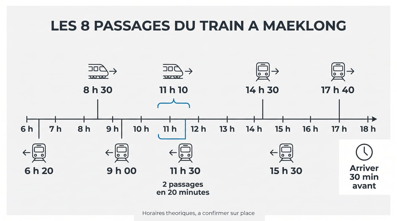 Les huit passages du train au marché de Maeklong, arrivées et départs heure par heure