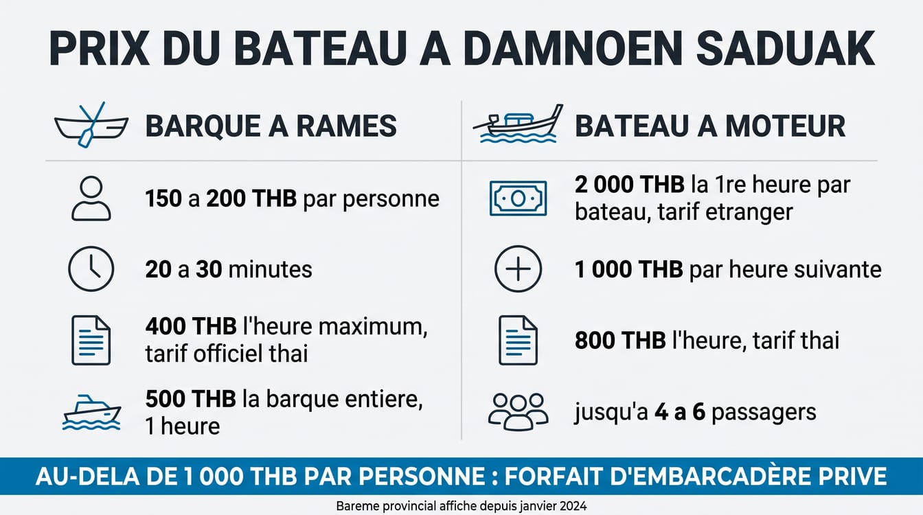 Barque à rames et bateau à moteur à Damnoen Saduak comparés, prix par personne contre prix par bateau