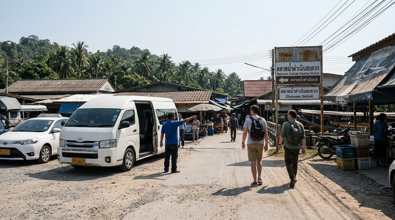 Comment aller à Damnoen Saduak depuis Bangkok : minivan déposant ses passagers devant le parking du marché