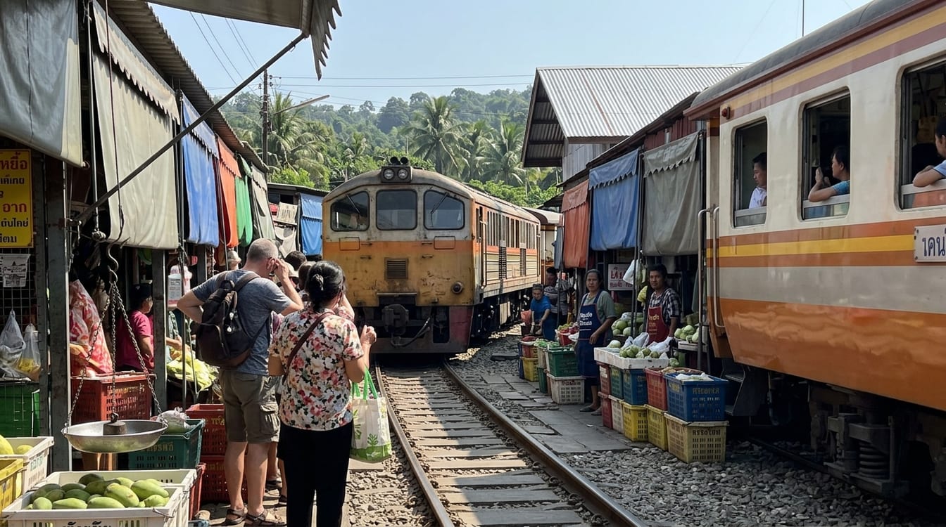 Damnoen Saduak et Maeklong en une journée : vendeuse en mo hom et ngob ramant entre les boutiques sur pilotis