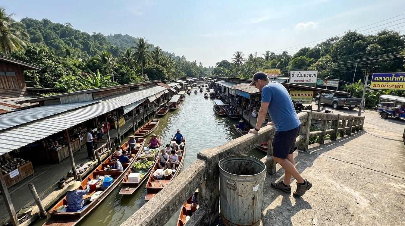 Marché flottant de Damnoen Saduak à l'heure calme, barques chargées de fruits sur le khlong Ton Khem