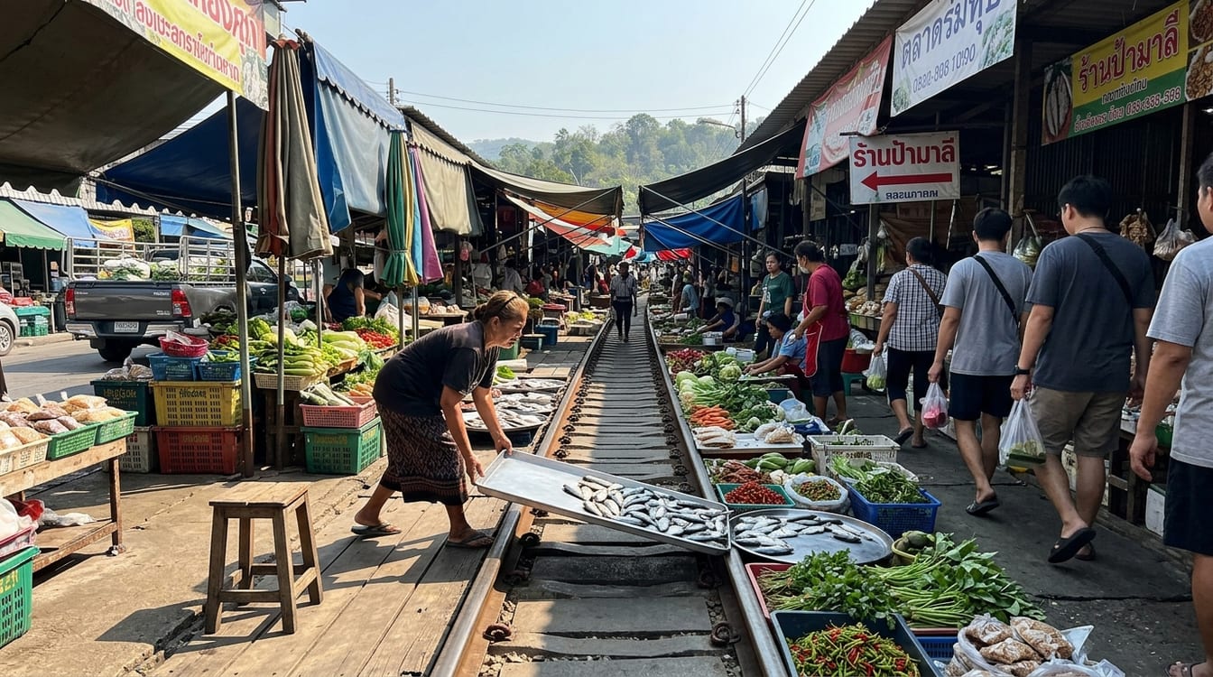 Marché ferroviaire de Maeklong après Damnoen Saduak : auvents repliés et étals retirés au passage du train