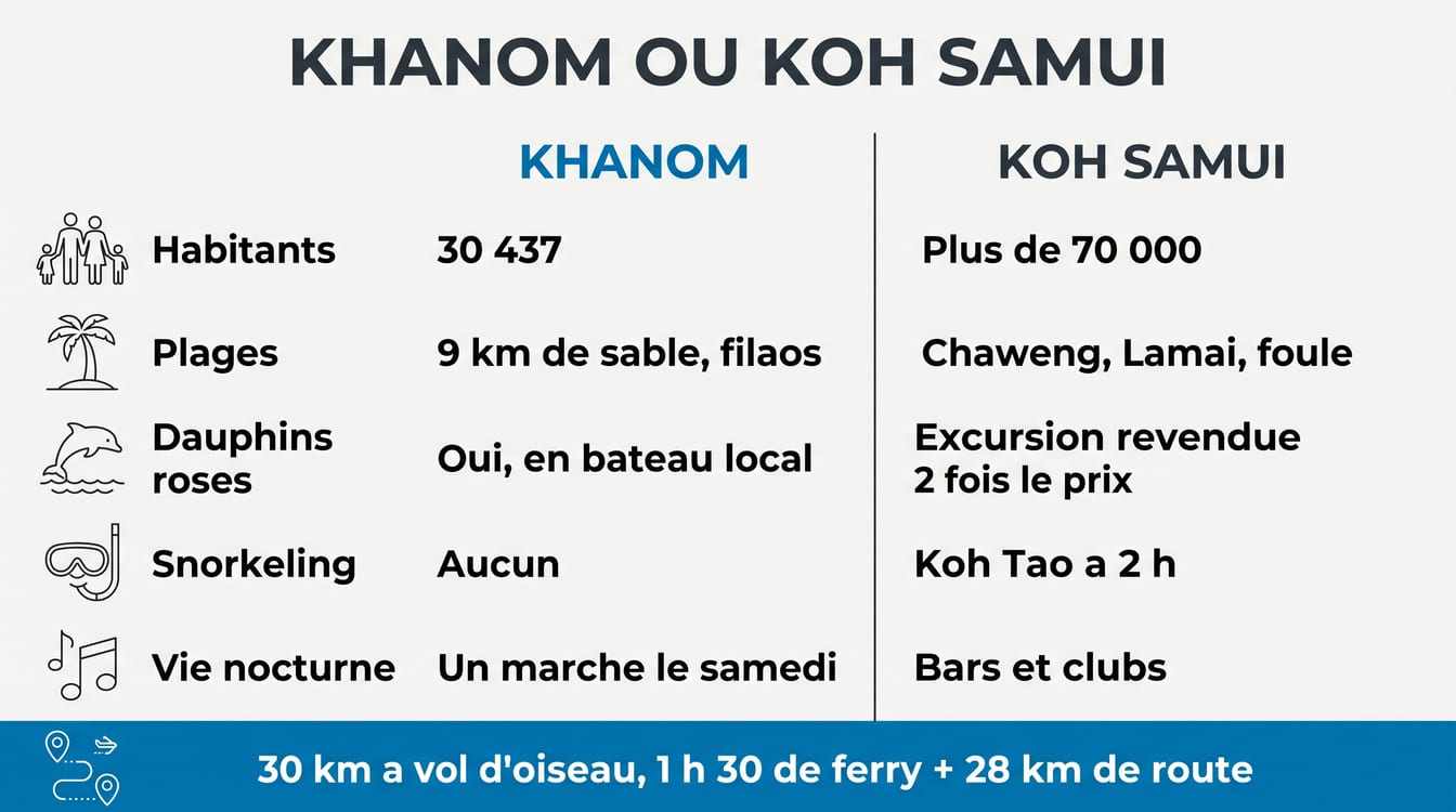 Khanom ou Koh Samui comparées sur cinq critères, habitants, plages et dauphins
