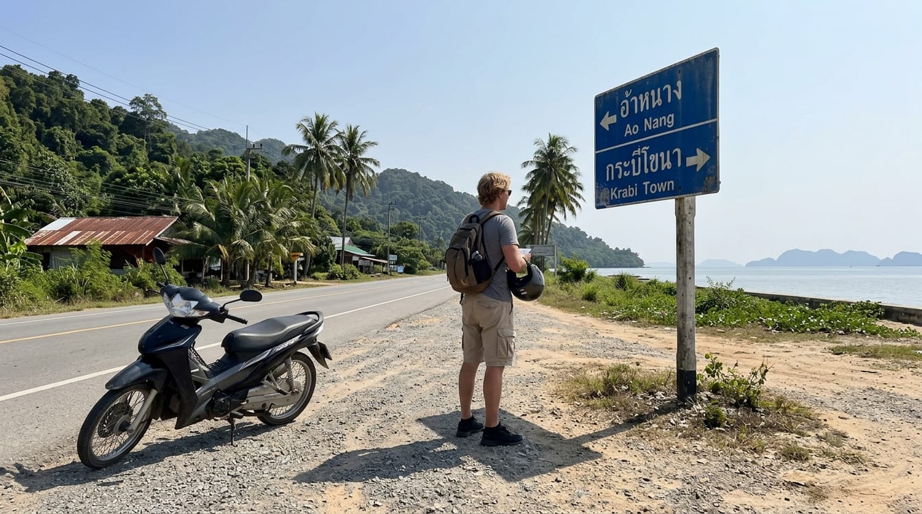 Route côtière de Khanom en Thaïlande, panneau en thaï et collines face à Koh Samui