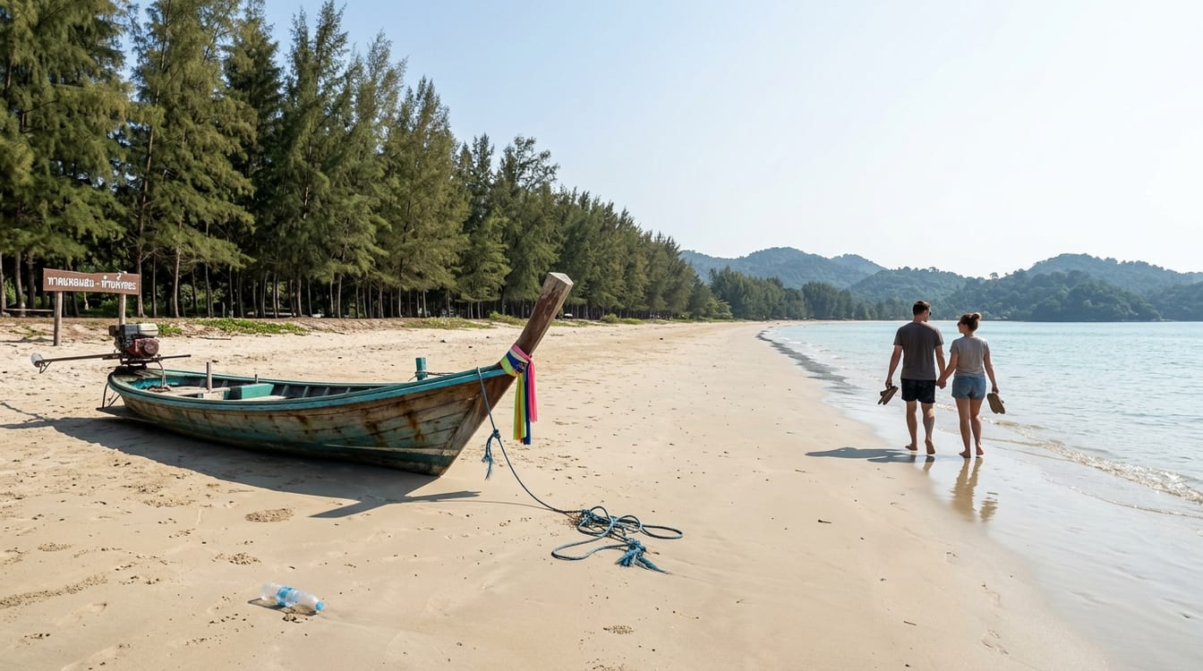Plage de Khanom bordée de filaos, barque de pêche et laisse de mer