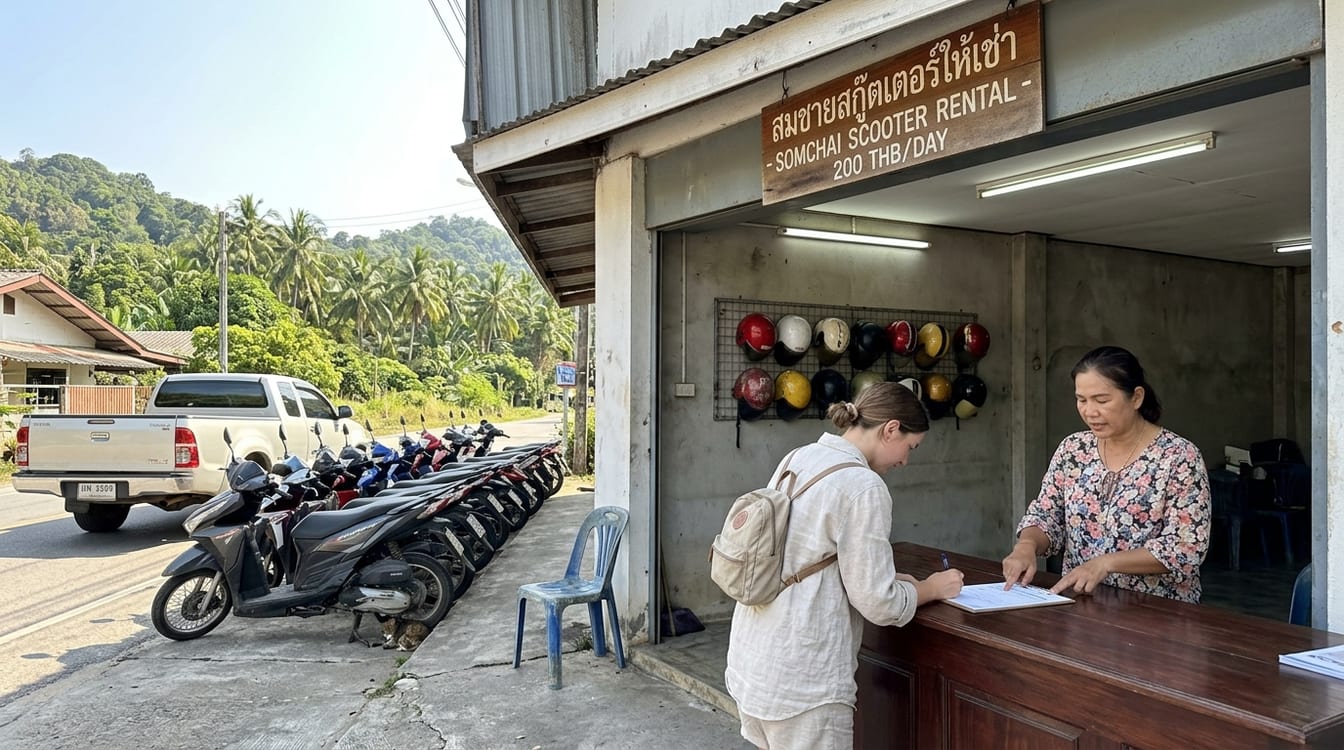 Se déplacer à Khanom : loueur de scooters familial et casques sur leur étagère