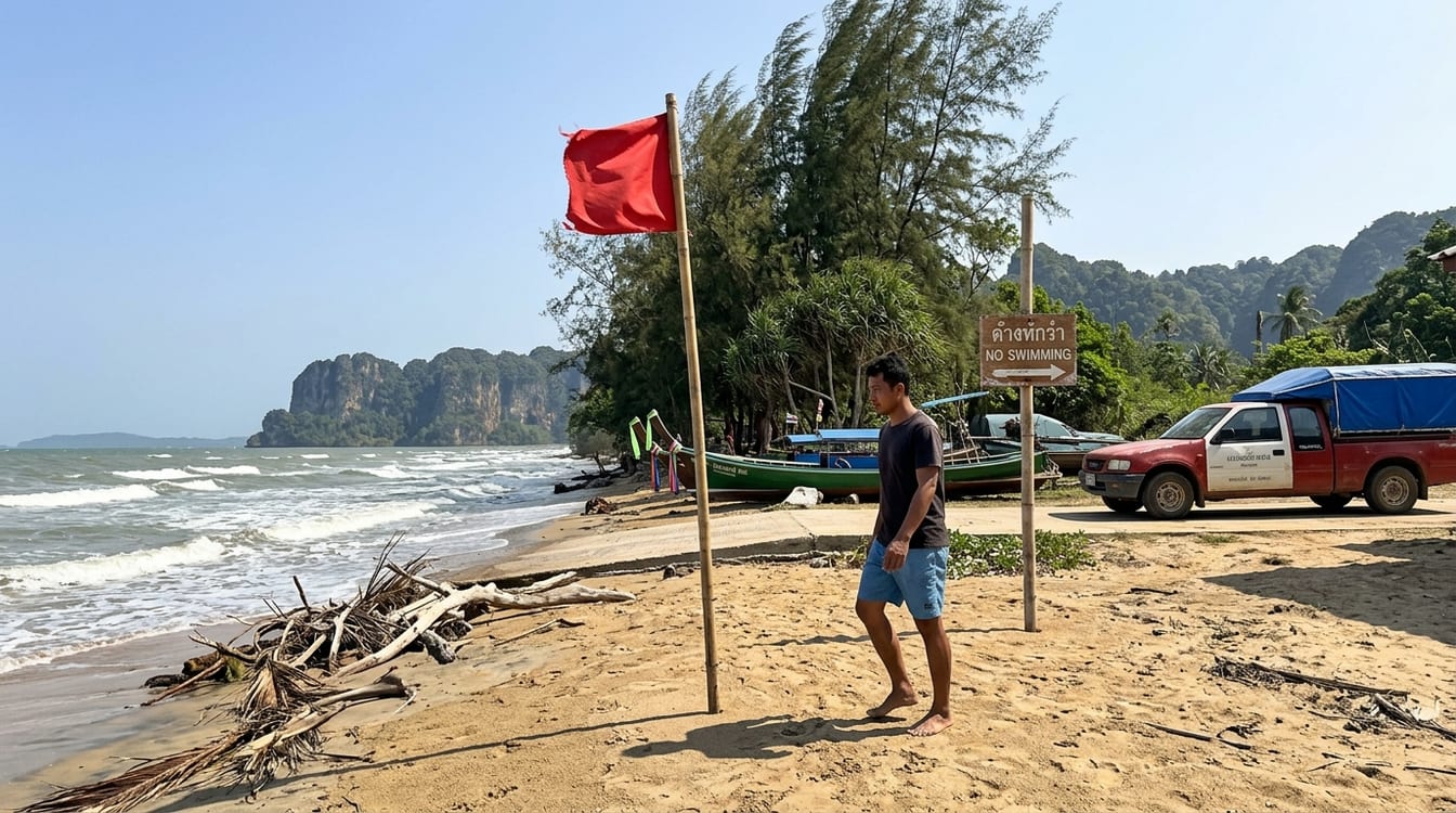 Quand partir à Khanom : drapeau rouge planté sur la plage et mer formée par le vent