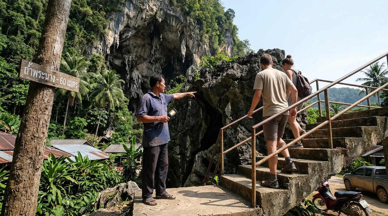 Que faire à Khanom : entrée de la grotte de Khao Wang Thong et son gardien du village