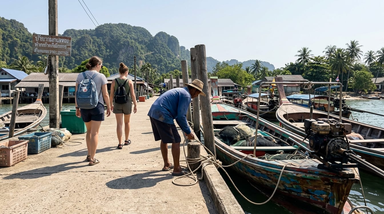 Départ pour les dauphins roses de Khanom, longtail amarré au ponton de Laem Prathap