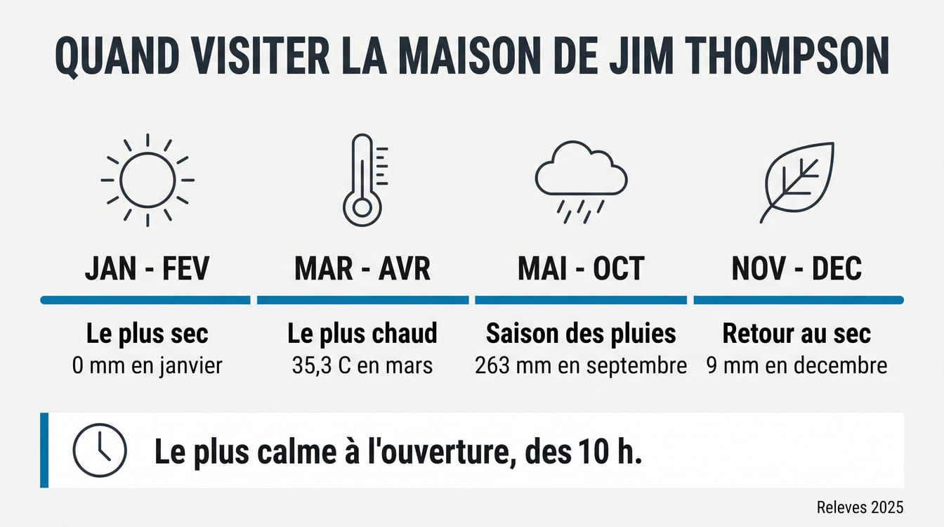 Quand visiter la maison de Jim Thompson, chaleur et pluie mois par mois