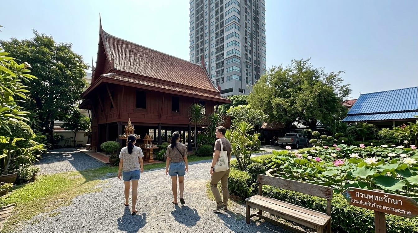 Terrasse en teck de la maison de Jim Thompson, un havre de paix au coeur de Bangkok