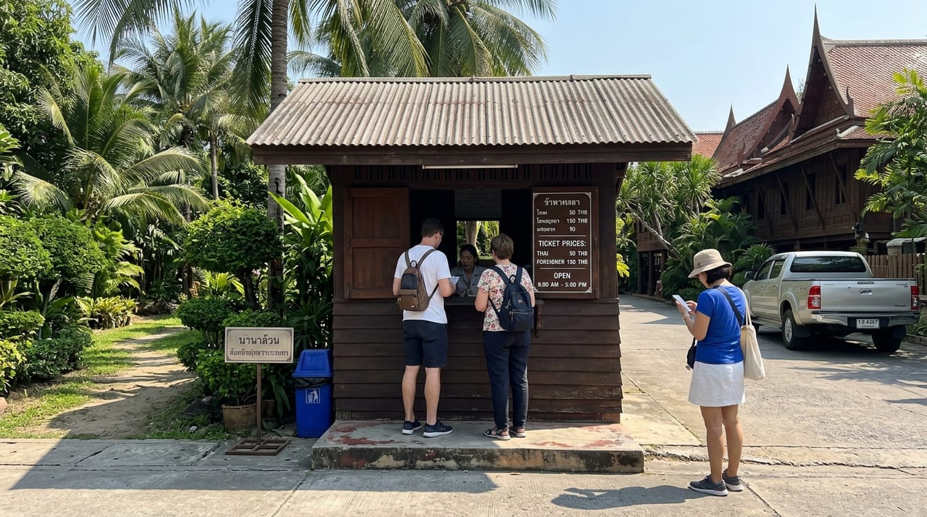 Guichet de la maison de Jim Thompson à Bangkok, tarif et horaires affichés