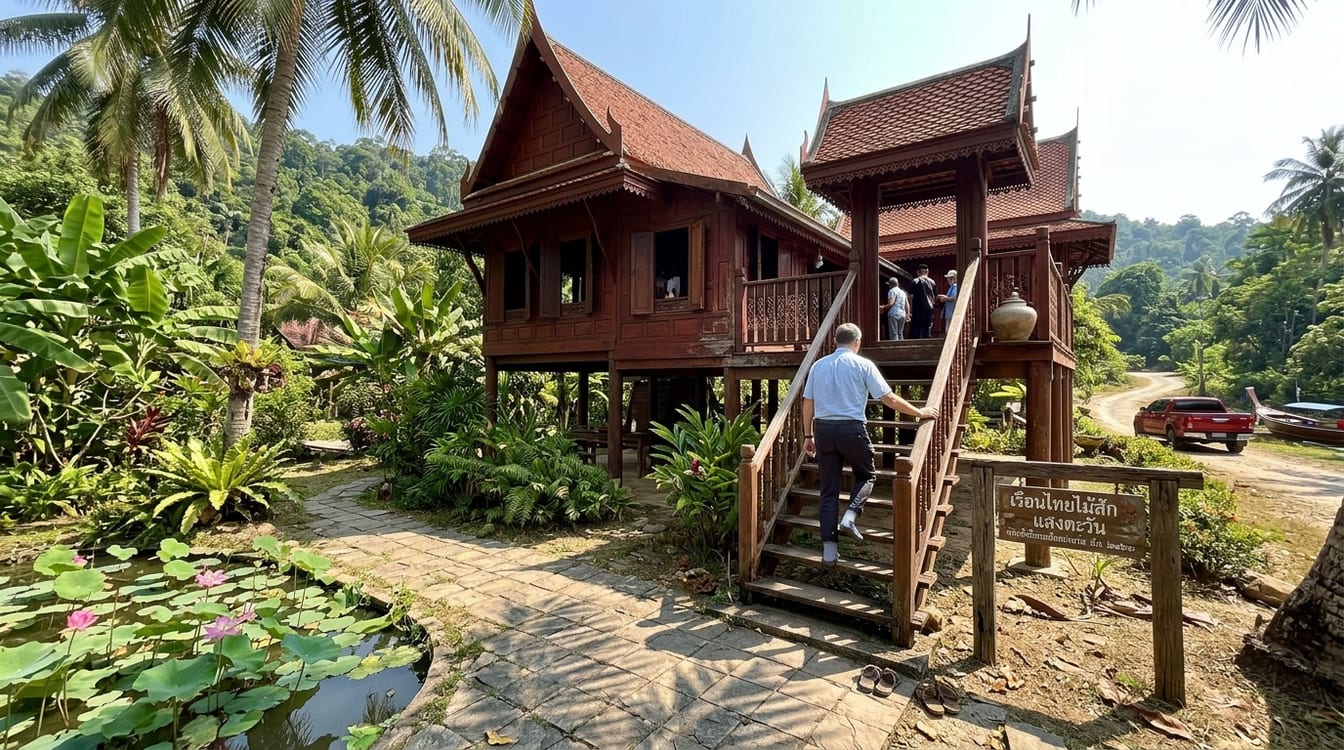 Salon en teck et collection de benjarong dans la maison de Jim Thompson