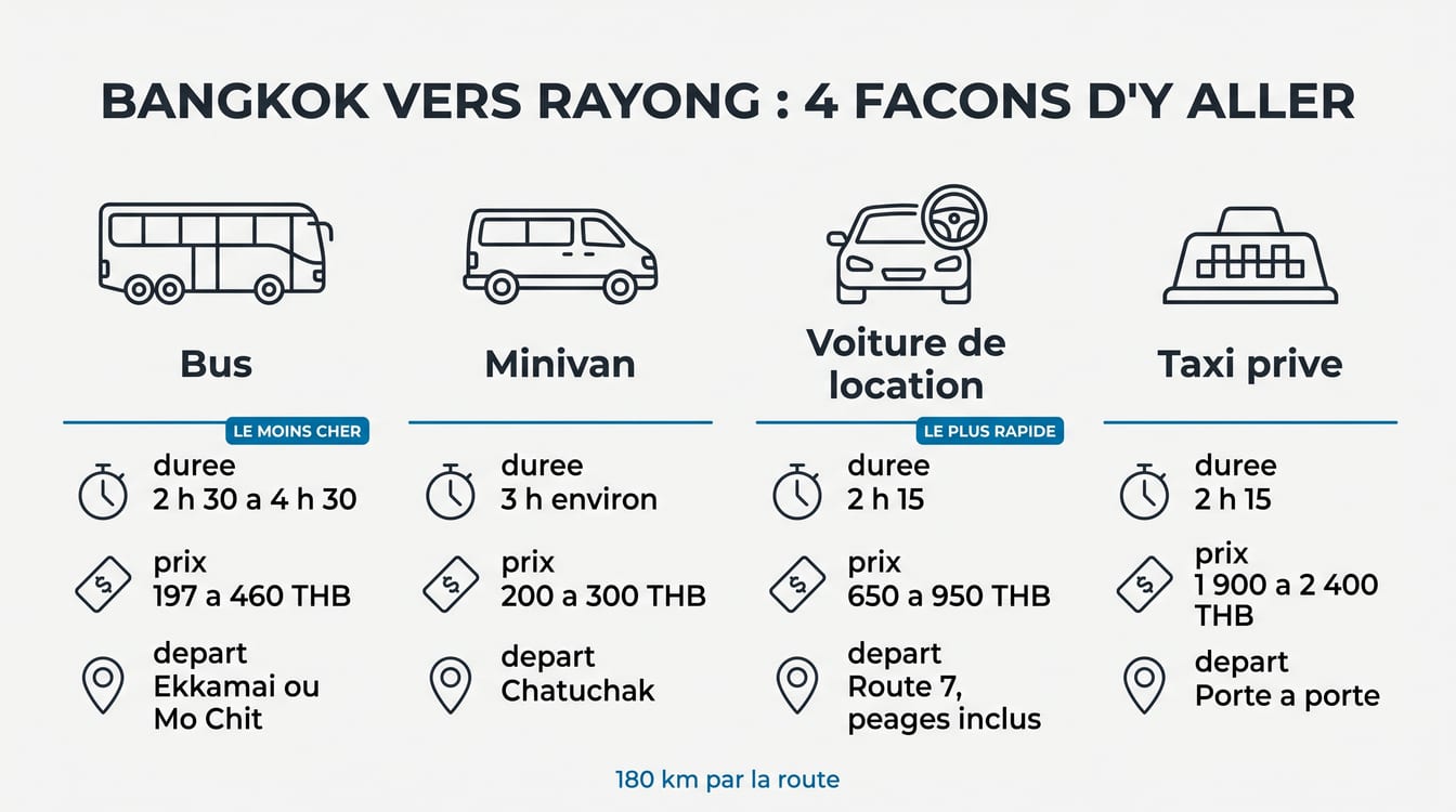 Durées et tarifs des liaisons entre Bangkok et Rayong en bus, minivan et taxi