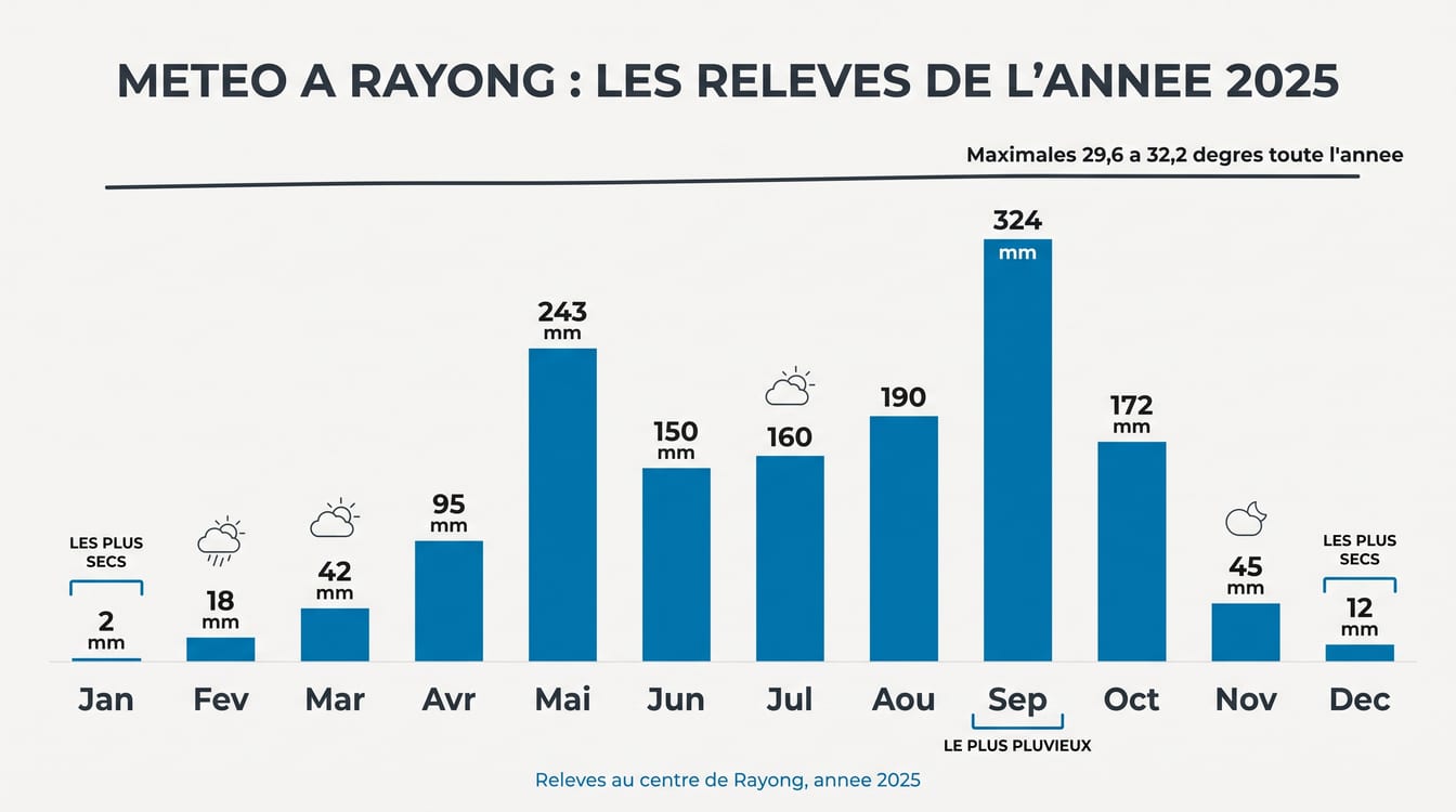 Pluie et températures mois par mois à Rayong, saison des fruits comprise