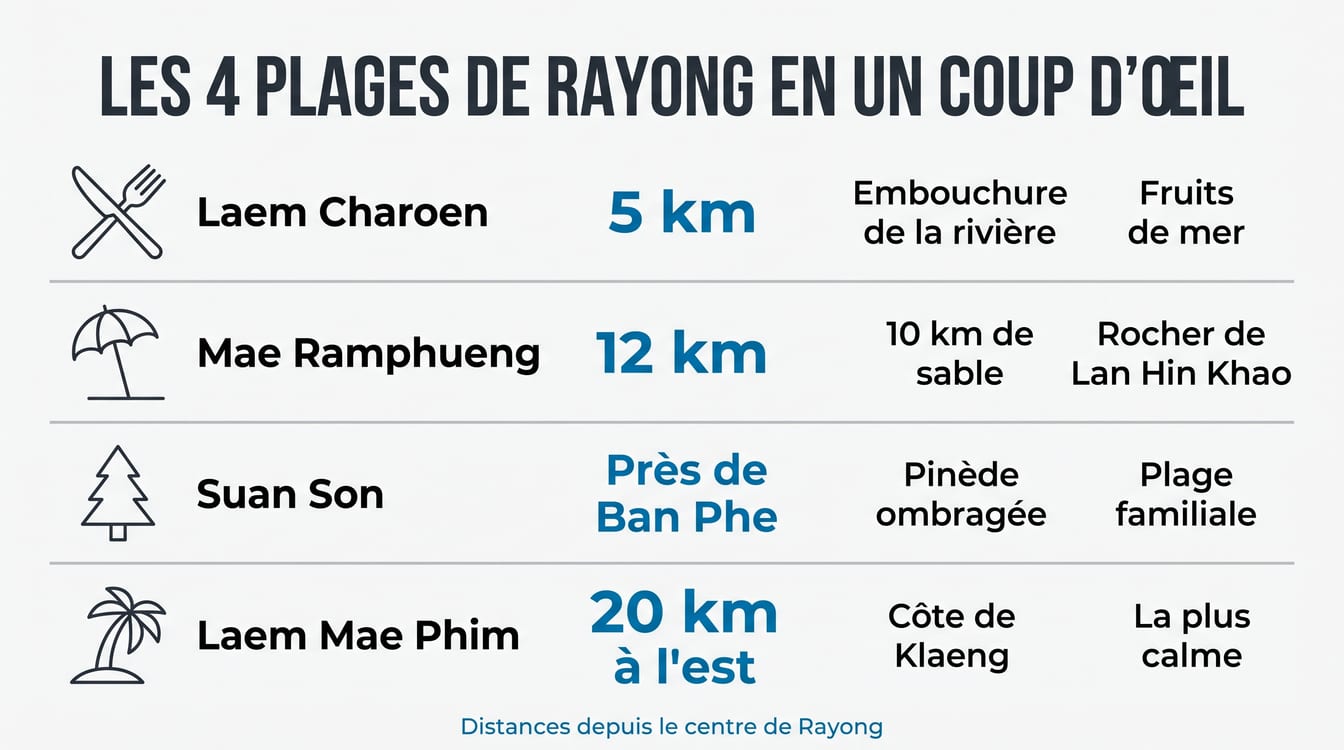 Comparaison des plages de Rayong : longueur, ambiance et accès